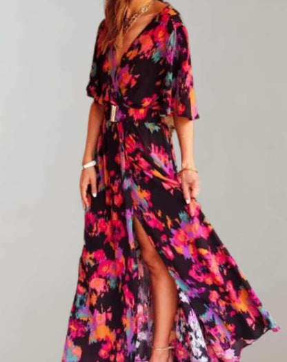 Women’s Maxi Dress – V-Neck – High Slit – Belted Waist – Lightweight Flowing Fit