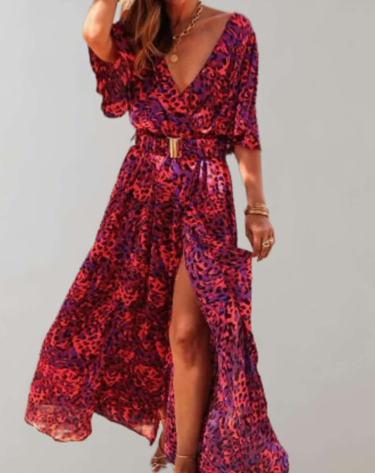 Belted High-Slit Flowing Maxi Dress