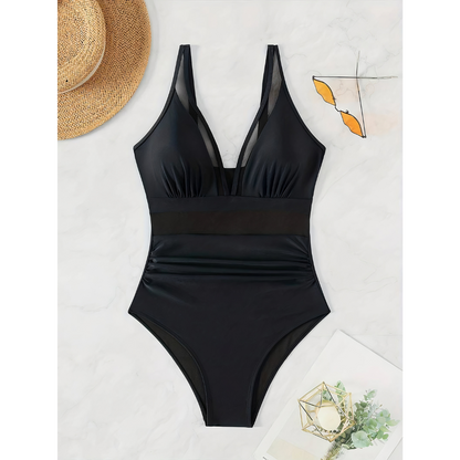 Women’s Swimsuit – Plunging Neckline – Mesh Panels – High-Cut Leg – Stretch Fit