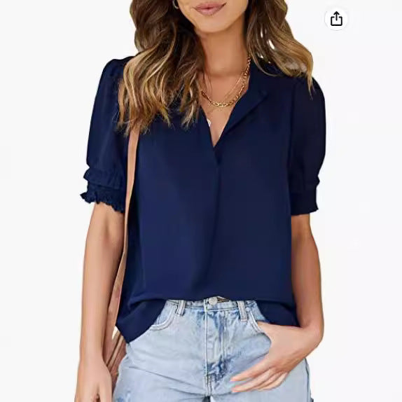 Women's V-Neck Blouse - Short Sleeve Smocked Detail - Flowy Relaxed Fit