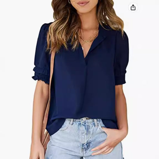 Flowy Relaxed Smocked Detail V-Neck Blouse