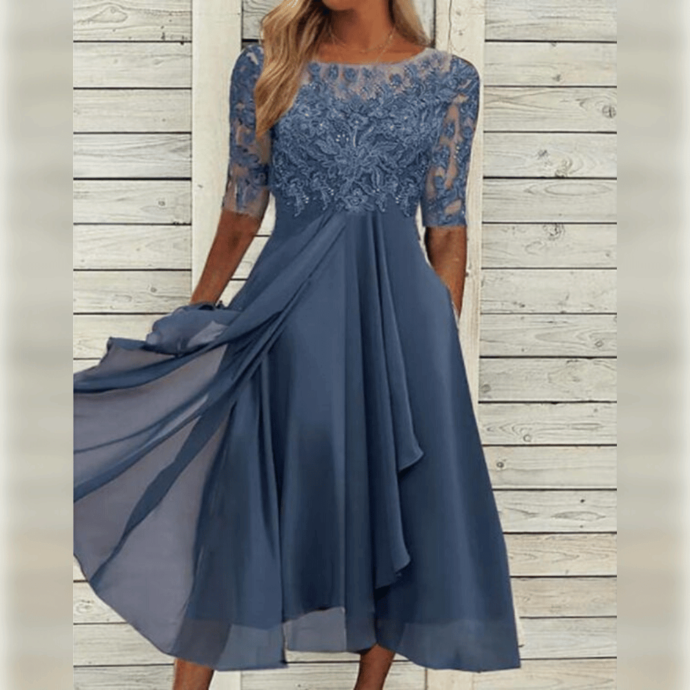Women's Midi Dress - Lace Embroidered Bodice - Sheer Sleeves - Flowing A-Line Silhouette