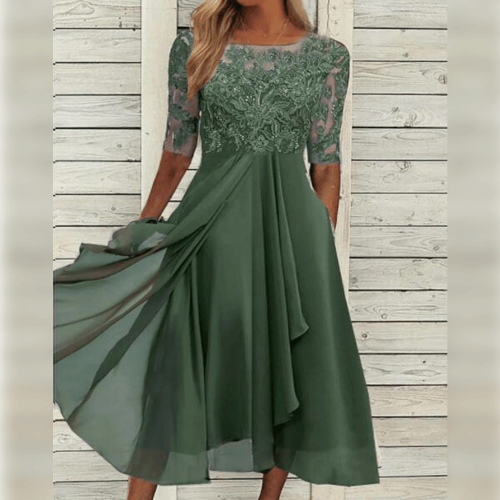 Women's Midi Dress - Lace Embroidered Bodice - Sheer Sleeves - Flowing A-Line Silhouette