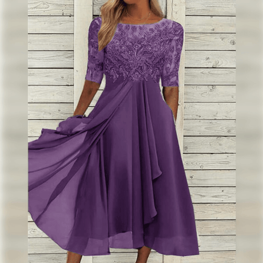 Lace Bodice Asymmetrical Midi Flowing Dress