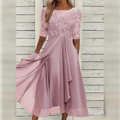 Women's Midi Dress - Lace Embroidered Bodice - Sheer Sleeves - Flowing A-Line Silhouette