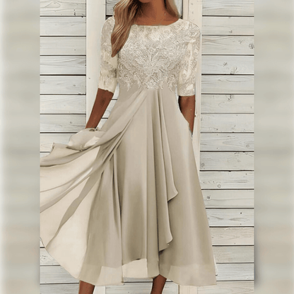 Women's Midi Dress - Lace Embroidered Bodice - Sheer Sleeves - Flowing A-Line Silhouette