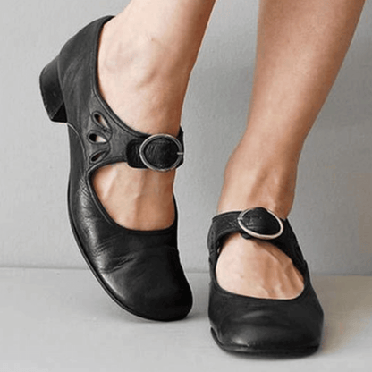 Women's Mary Jane Shoes - Leather - Buckle Strap - Low Block Heel - Comfortable Fit