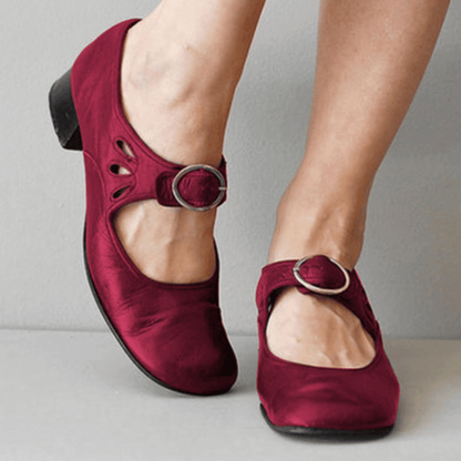 Women's Mary Jane Shoes - Leather - Buckle Strap - Low Block Heel - Comfortable Fit