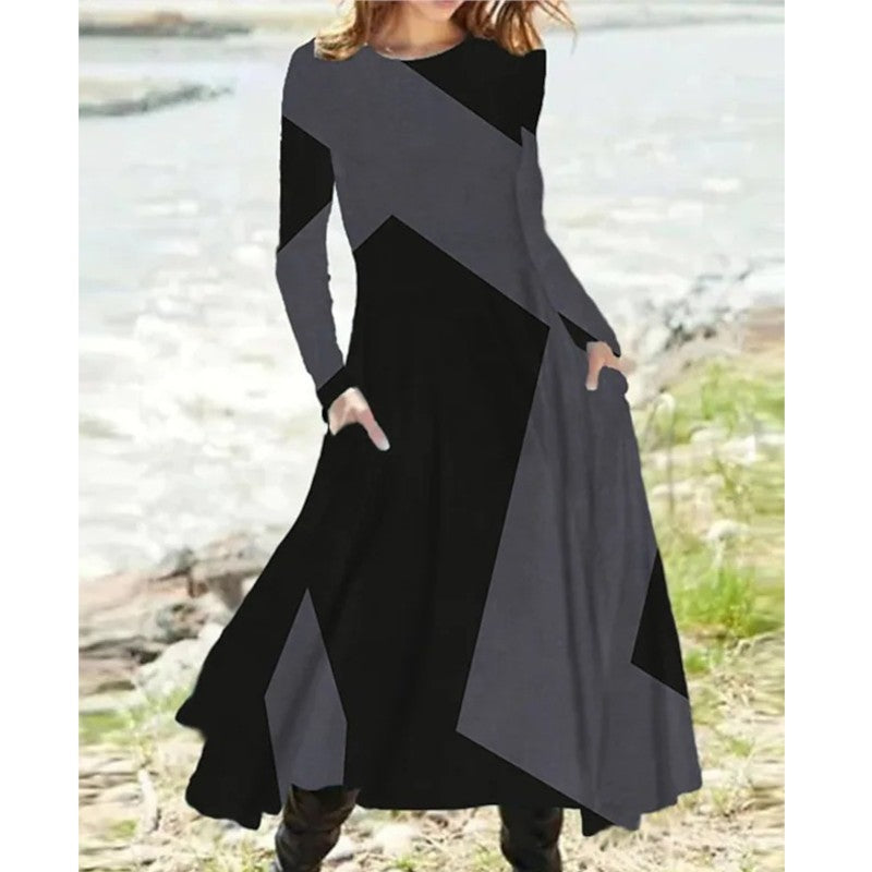 Women's Long-Sleeve A-Line Dress - Asymmetrical Patchwork - Round Neck - With Pockets