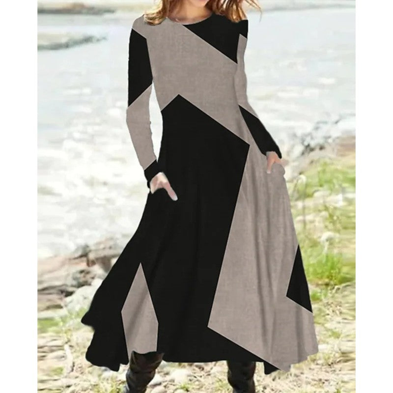 Women's Long-Sleeve A-Line Dress - Asymmetrical Patchwork - Round Neck - With Pockets