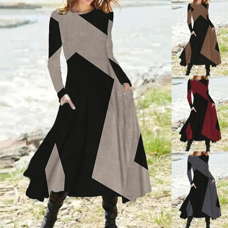 Women's Long-Sleeve A-Line Dress - Asymmetrical Patchwork - Round Neck - With Pockets
