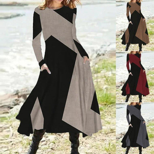 Asymmetrical Patchwork A-Line Long-Sleeve Dress