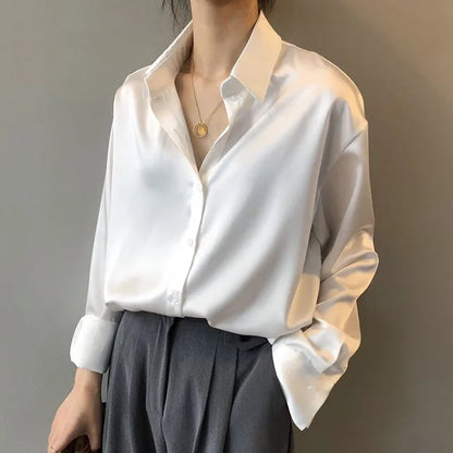 Women's Silk Button-Down Blouse - Relaxed Fit - Long Sleeve Elegant Shirt