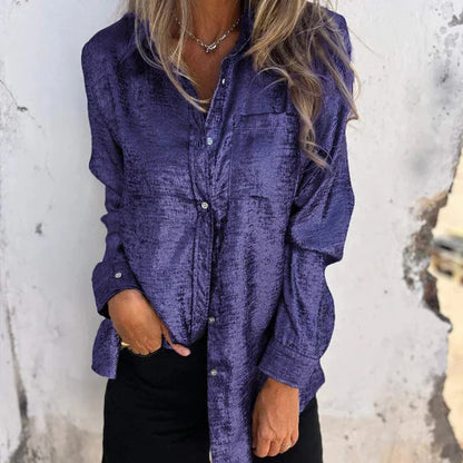 Women's Button-Up Shirt - Metallic Finish - Long Sleeve Loose Fit - Classic Collar