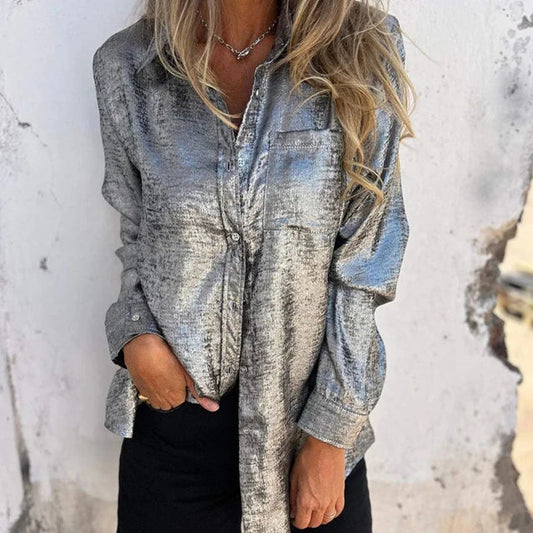 Metallic Finish Loose Fit Button-Up Shirt
