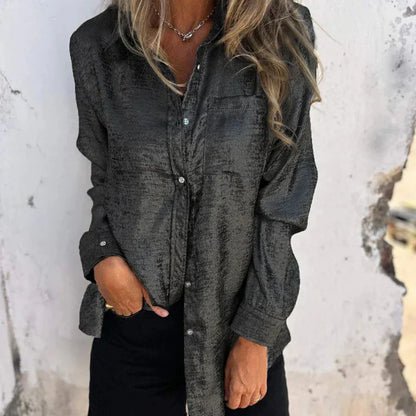 Women's Button-Up Shirt - Metallic Finish - Long Sleeve Loose Fit - Classic Collar