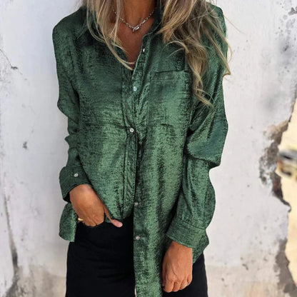 Women's Button-Up Shirt - Metallic Finish - Long Sleeve Loose Fit - Classic Collar