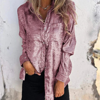 Women's Button-Up Shirt - Metallic Finish - Long Sleeve Loose Fit - Classic Collar