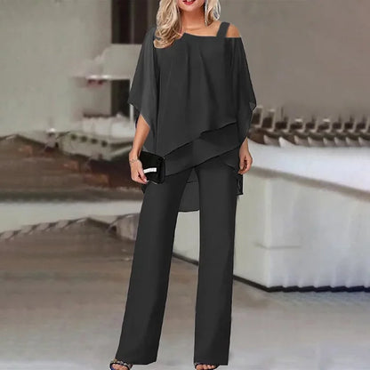 Women's Two-Piece Set - Poncho-Style Top & Wide-Leg Pants - Flowy & Chic