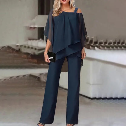 Women's Two-Piece Set - Poncho-Style Top & Wide-Leg Pants - Flowy & Chic