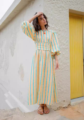 Striped Balloon Sleeve Flowy Maxi Dress