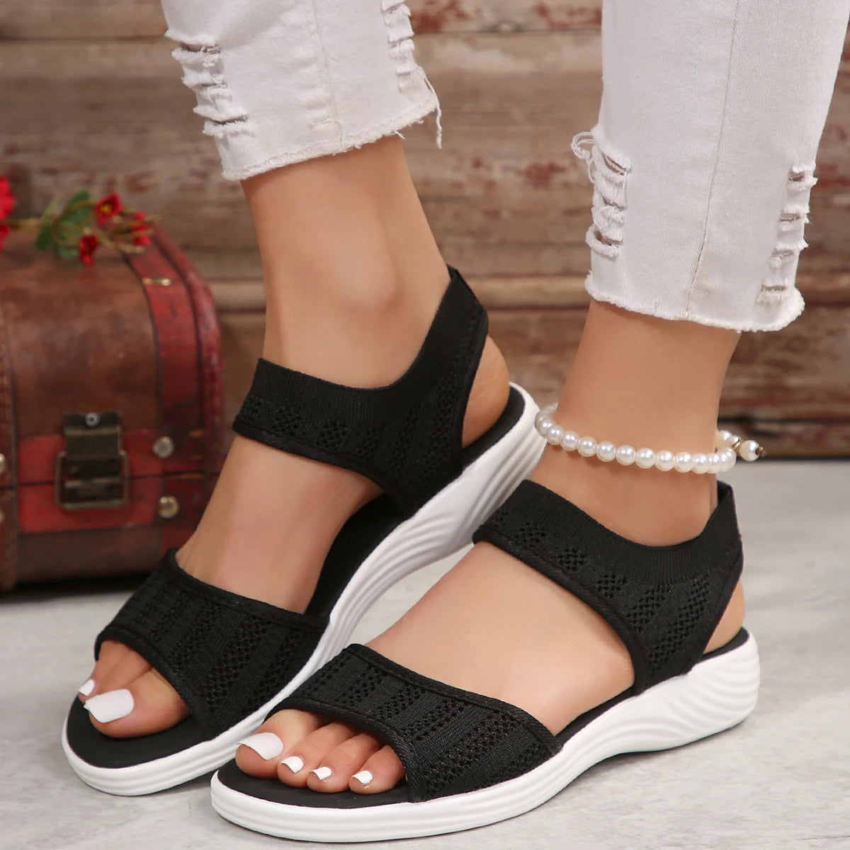 Women's Casual Sandals - Breathable Knit Upper - Slip-On Stretch Fit - Cushioned Sole