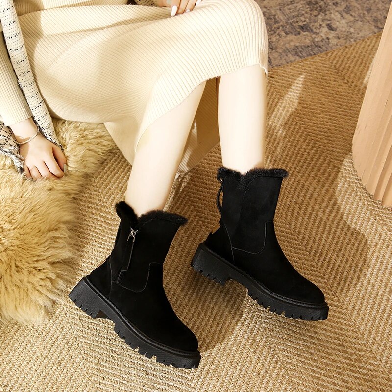 Women's fur snow boots with platform heel