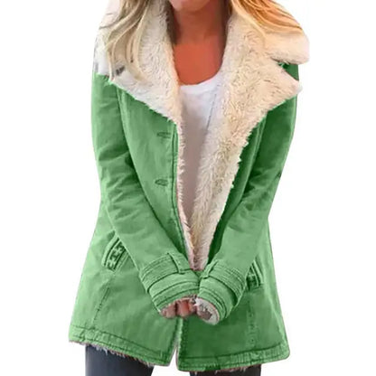 Warm long coat for women with lapel and button closure