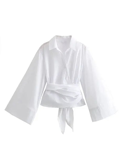 Women's Kimono Top - Loose Fit - Wide Sleeves - Wrap Front with Waist Tie