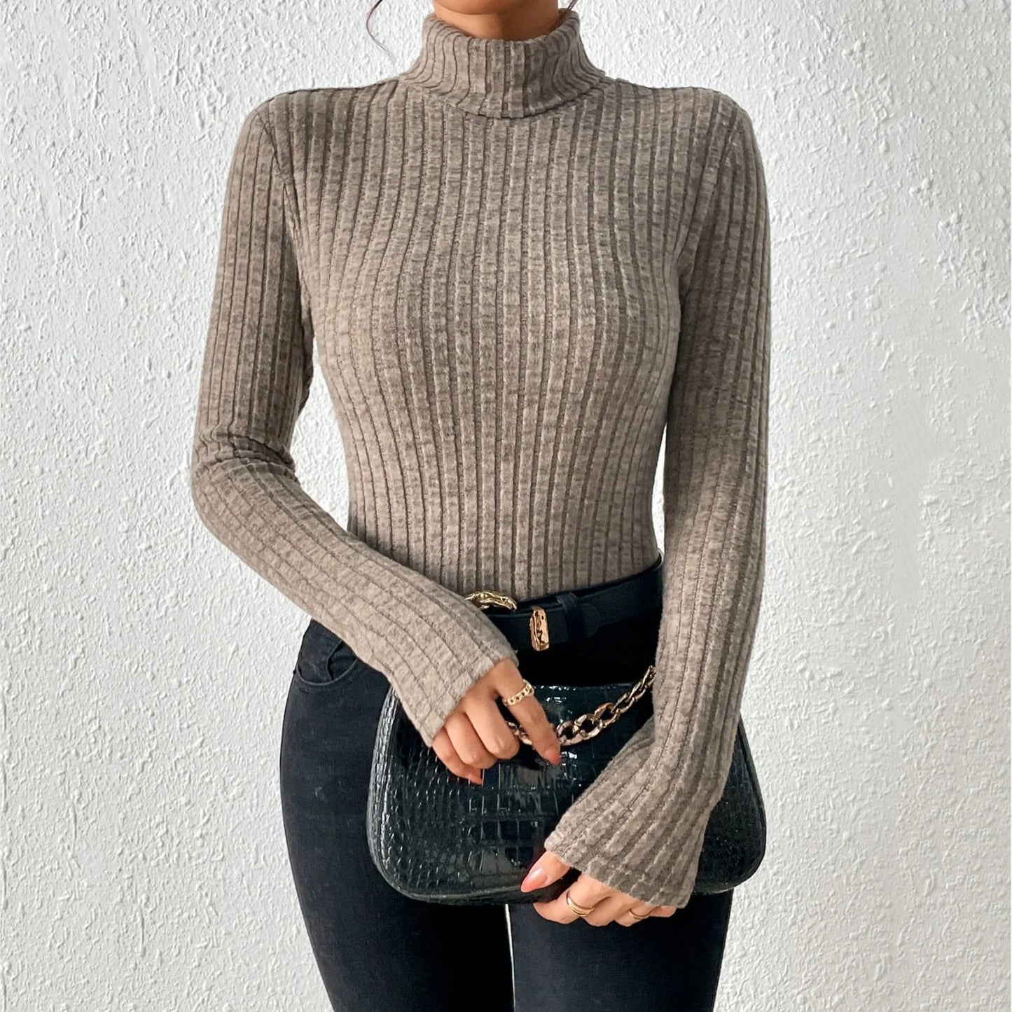 Women’s Turtleneck Sweatshirt – Slim Fit – Ribbed Knit – Soft Stretch Wool Blend