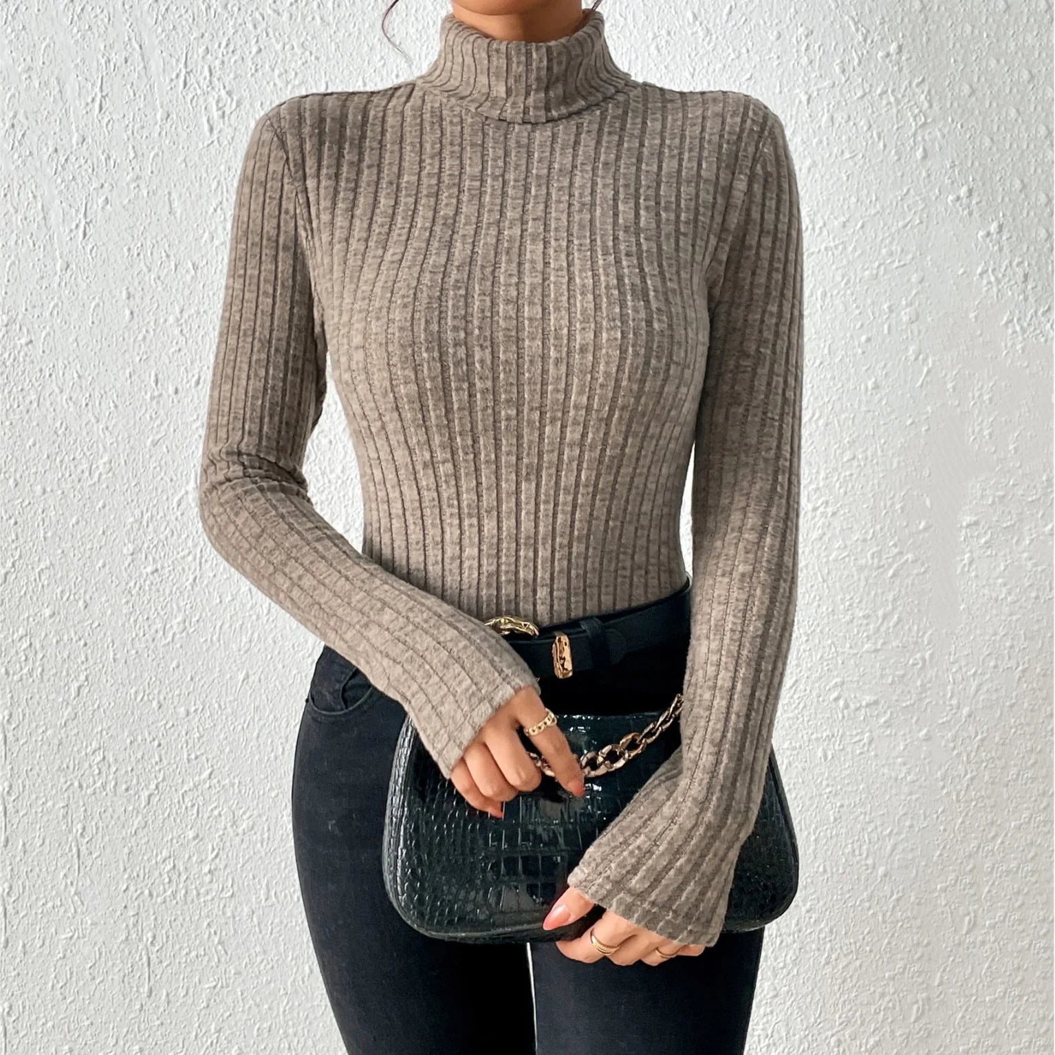 Slim Stretch Wool Blend Ribbed Knit Sweatshirt 