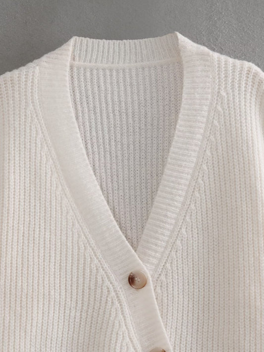 Loose Knit Slant Button V-Neck Jacket