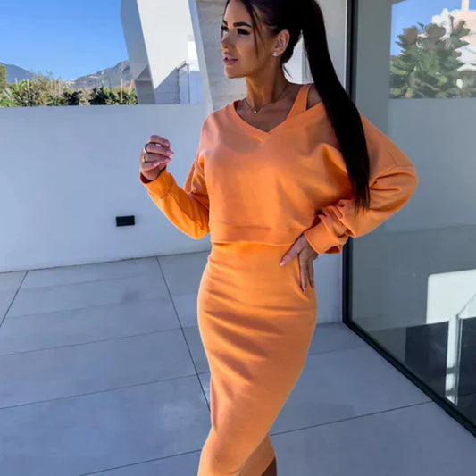 V-Neck Long Sleeve Midi Skirt Set