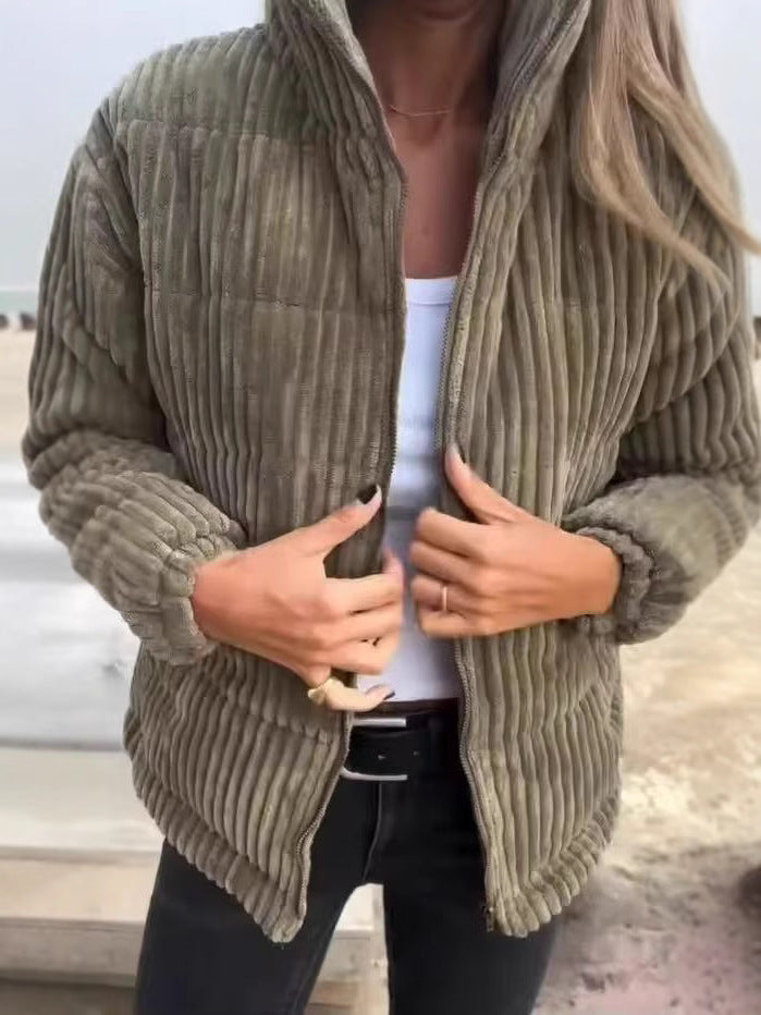 Women’s Corduroy Jacket – Relaxed Fit – Cropped Length – Stand Collar – Zip Front