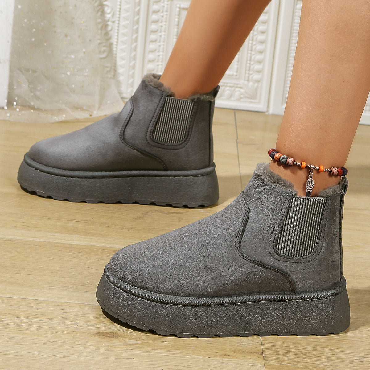 Slip-On Faux Suede Faux Fur-Lined Ankle Boots