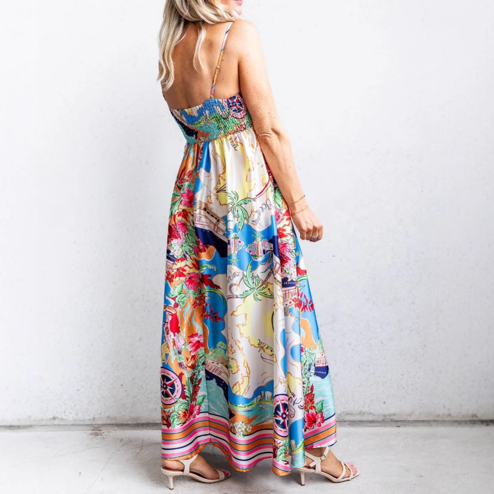 Women’s Maxi Dress – Flowy Fit – High Waist – Sleeveless Spaghetti Strap – Printed Pattern