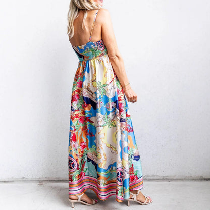Women’s Maxi Dress – Flowy Fit – High Waist – Sleeveless Spaghetti Strap – Printed Pattern