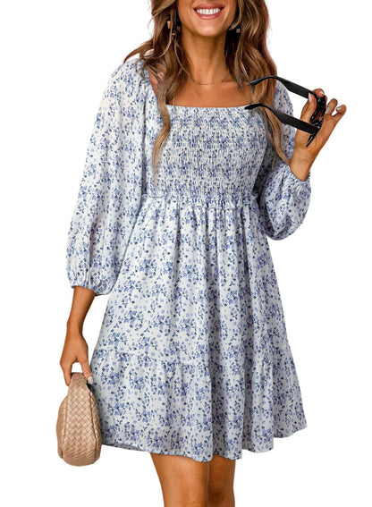 Women’s A-Line Dress – Shirred Bodice – Puff Sleeve – Floral Print – Lightweight Fit