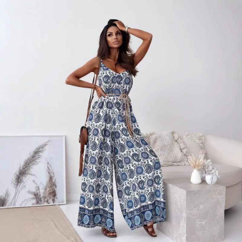 Floral Print Tie Waist Wide Leg Jumpsuit