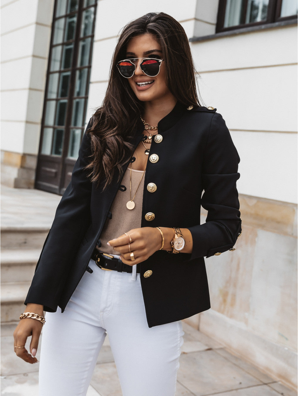 Women’s Blazer – Slim Fit – Structured Silhouette – Gold Button – Mandarin Collar