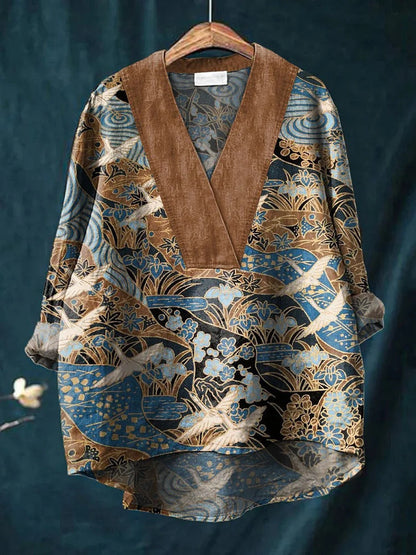 Women’s Long Sleeve Shirt – Relaxed Fit – V-Neck – Rolled Sleeves – Digital Print