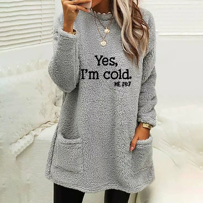 Women’s Oversized Sweatshirt – Double-Sided Fleece – Letter Print – Long Sleeve – Pockets