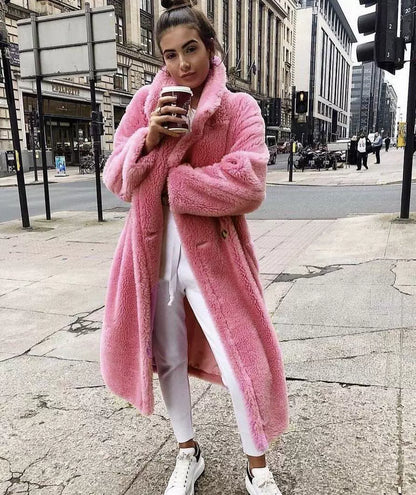 Women’s Long Coat – Oversized Fit – Plush Fleece – Notched Lapel – Full Length