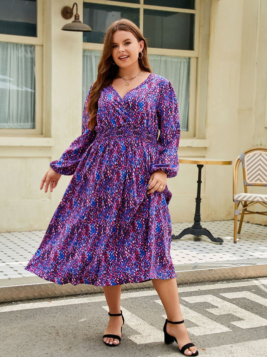 V-Neck Long Sleeve Midi Dress