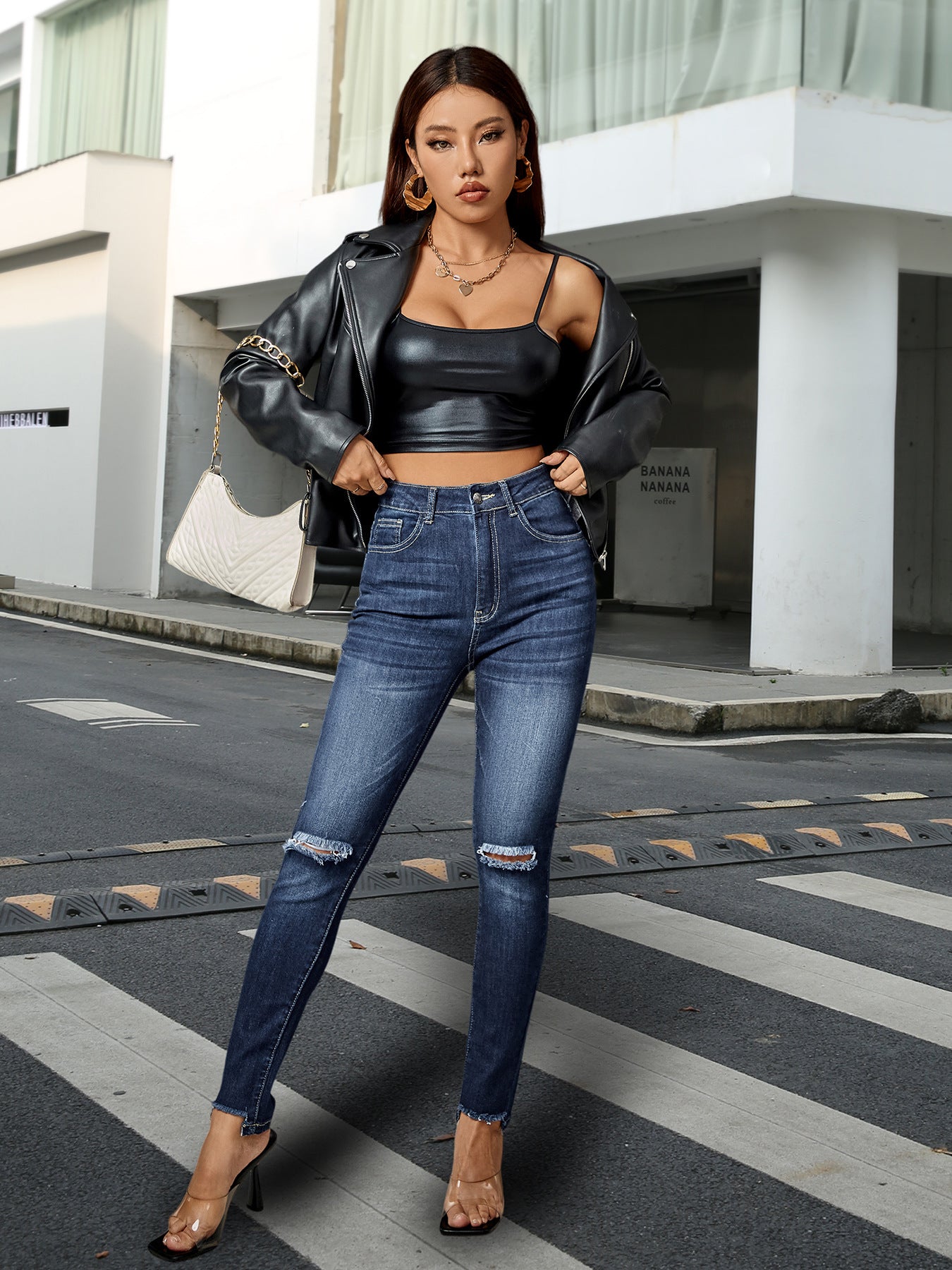 Women’s Skinny Jeans - High Waist - Distressed Ripped Knee - Stretch Denim