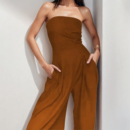 Women’s Strapless Jumpsuit – Silky Fabric – Wide Leg – Sleek Fit Formal Wear