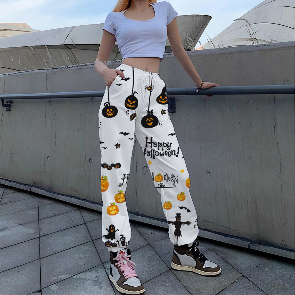 Women’s Leisure Trousers – Relaxed Fit – Cotton – Elastic Waist with Drawstring – Full Length – Pockets – Playful Print
