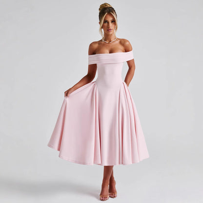 Women’s Midi Dress – Off Shoulder – A-Line Fit – Structured Bodice – Formal Wear