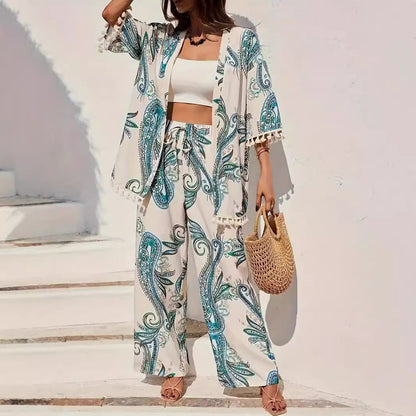 Women’s Kimono Cardigan and Pants Set – Relaxed Fit – Paisley Print – Breathable Blend