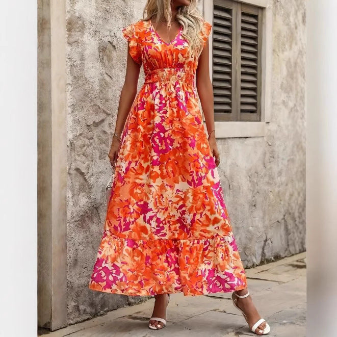 Women’s Maxi Dress – Floral Print – V-Neck – Sleeveless – Tiered Hem – Relaxed Fit